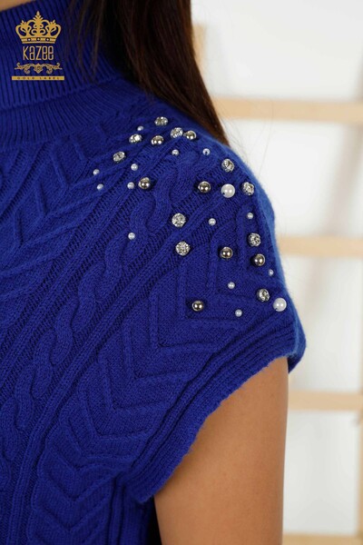 Wholesale Women's Sleeveless Sweater - Crystal Stone Embroidered - Dark Blue - 30242 | KAZEE - Thumbnail