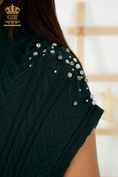 Wholesale Women's Sleeveless Sweater - Crystal Stone Embroidered - Dark Green - 30242 | KAZEE - Thumbnail