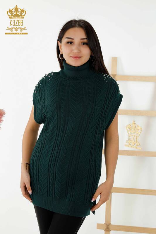 Wholesale Women's Sleeveless Sweater - Crystal Stone Embroidered - Dark Green - 30242 | KAZEE