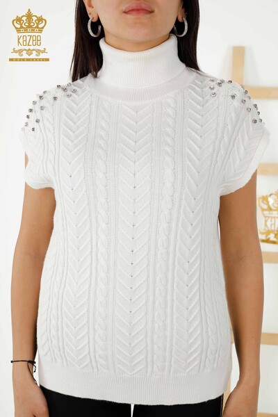 Kazee - Wholesale Women's Sleeveless Sweater Crystal Stone Embroidered - Ecru - 30242 | KAZEE (1)