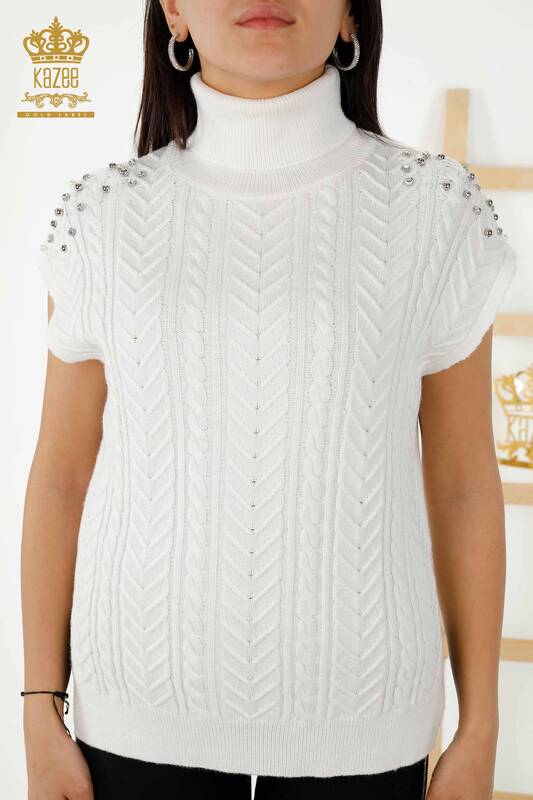 Wholesale Women's Sleeveless Sweater Crystal Stone Embroidered - Ecru - 30242 | KAZEE