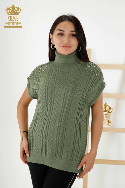 Kazee - Wholesale Women's Sleeveless Sweater - Crystal Stone Embroidered - Khaki - 30242 | KAZEE