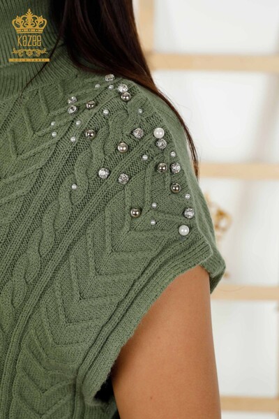 Wholesale Women's Sleeveless Sweater - Crystal Stone Embroidered - Khaki - 30242 | KAZEE - Thumbnail