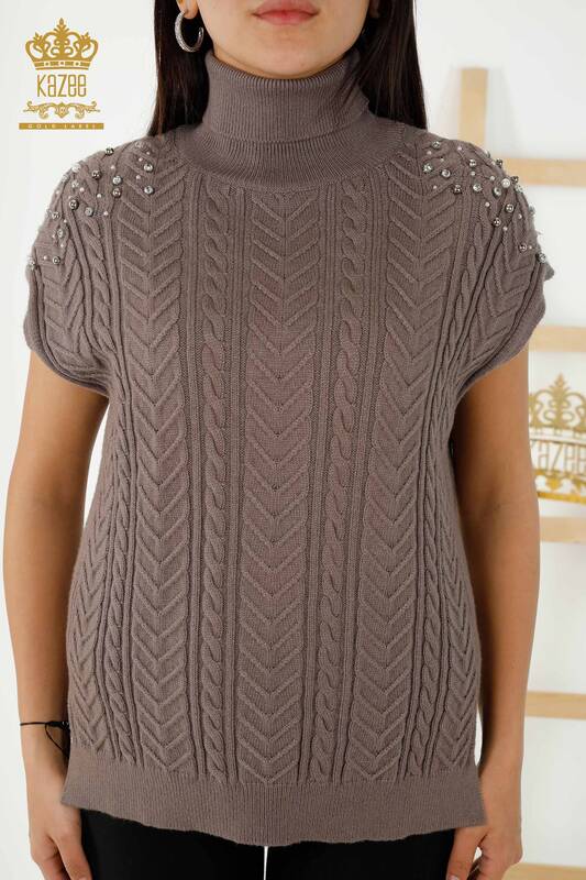 Wholesale Women's Sleeveless Sweater - Crystal Stone Embroidered - Mink - 30242 | KAZEE