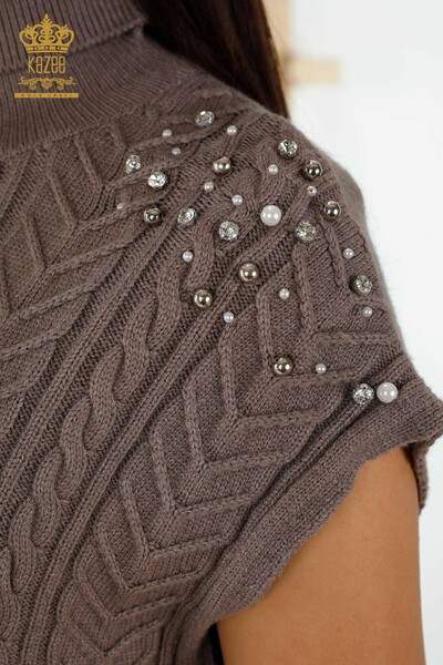 Wholesale Women's Sleeveless Sweater - Crystal Stone Embroidered - Mink - 30242 | KAZEE - Thumbnail