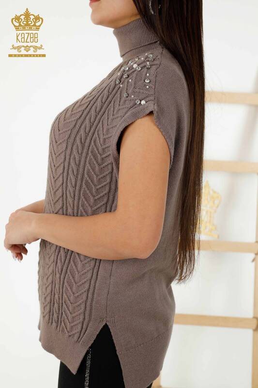 Wholesale Women's Sleeveless Sweater - Crystal Stone Embroidered - Mink - 30242 | KAZEE