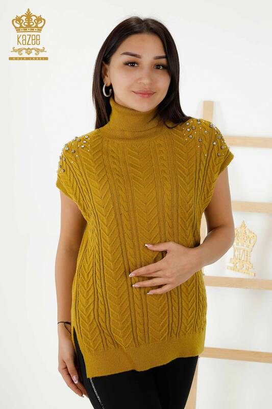 Wholesale Women's Sleeveless Sweater - Crystal Stone Embroidered - Mustard - 30242 | KAZEE
