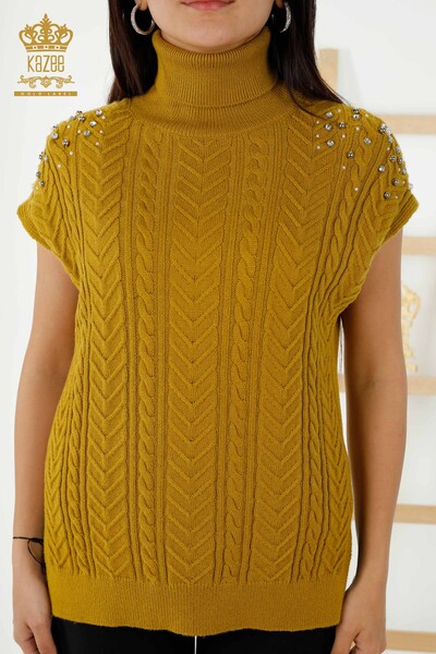 Kazee - Wholesale Women's Sleeveless Sweater - Crystal Stone Embroidered - Mustard - 30242 | KAZEE (1)