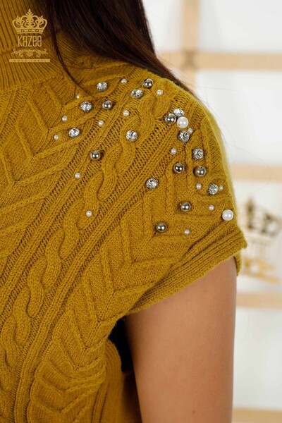 Wholesale Women's Sleeveless Sweater - Crystal Stone Embroidered - Mustard - 30242 | KAZEE - Thumbnail