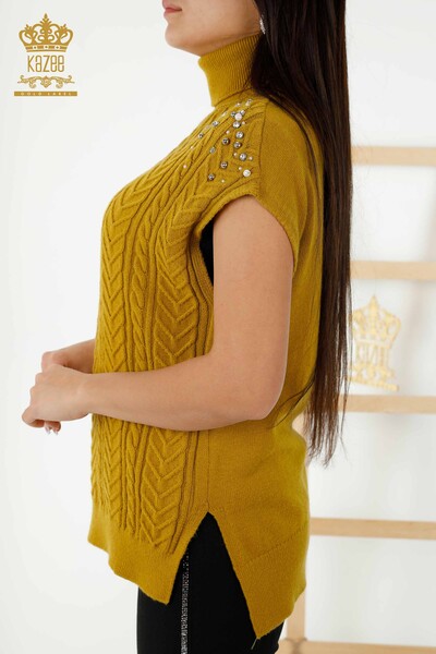 Wholesale Women's Sleeveless Sweater - Crystal Stone Embroidered - Mustard - 30242 | KAZEE - Thumbnail