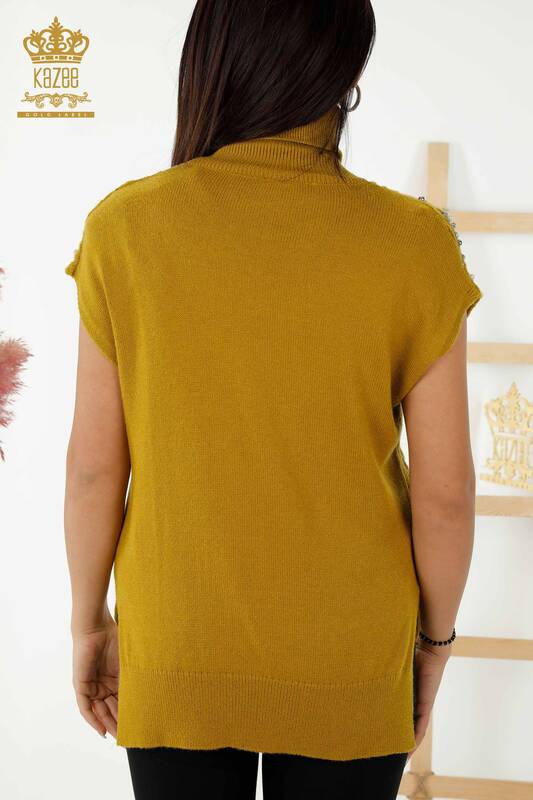 Wholesale Women's Sleeveless Sweater - Crystal Stone Embroidered - Mustard - 30242 | KAZEE
