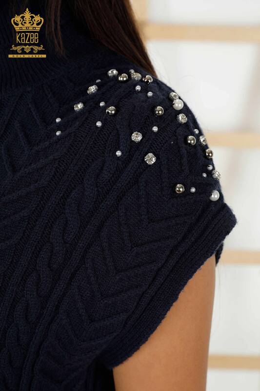 Wholesale Women's Sleeveless Sweater - Crystal Stone Embroidered - Navy Blue - 30242 | KAZEE
