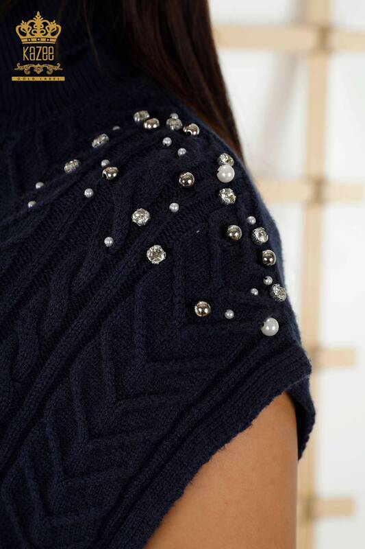 Wholesale Women's Sleeveless Sweater - Crystal Stone Embroidered - Navy Blue - 30242 | KAZEE
