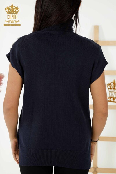 Wholesale Women's Sleeveless Sweater - Crystal Stone Embroidered - Navy Blue - 30242 | KAZEE - Thumbnail