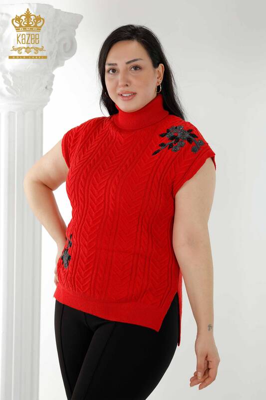 Wholesale Women's sleeveless sweater Floral Pattern Red - 30179 | KAZEE
