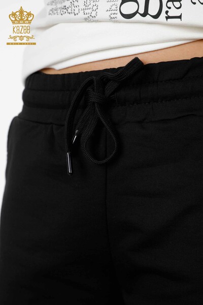 Wholesale Women's Shorts Tracksuit Set Ecru Black with Text Detail - 17403 | KAZEE - Thumbnail