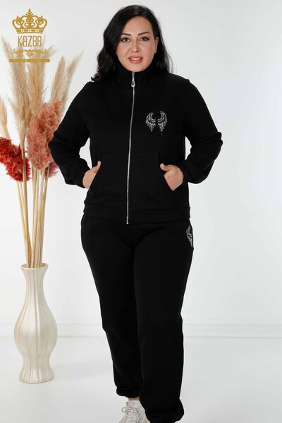 Wholesale Women's Tracksuit Set Angel Wing Pattern Black - 17466 | KAZEE - 1