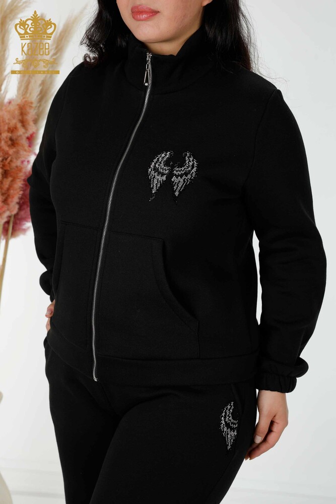 Wholesale Women's Tracksuit Set Angel Wing Pattern Black - 17466 | KAZEE - 3