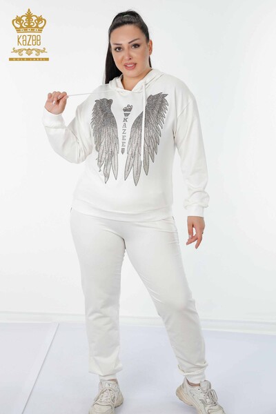 Wholesale Women's Tracksuit Set Angel Wing Pattern Ecru - 17481 | KAZEE 