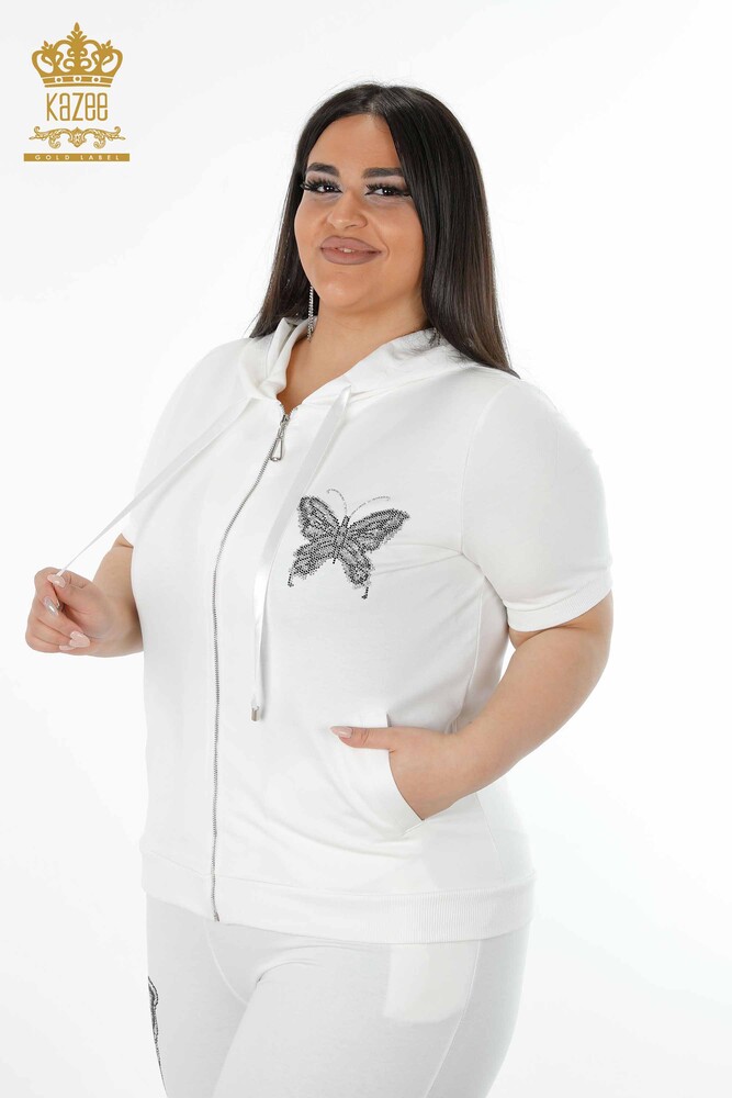 Wholesale Women's Tracksuit Set Butterfly Patterned Ecru - 17391 | KAZEE - 2