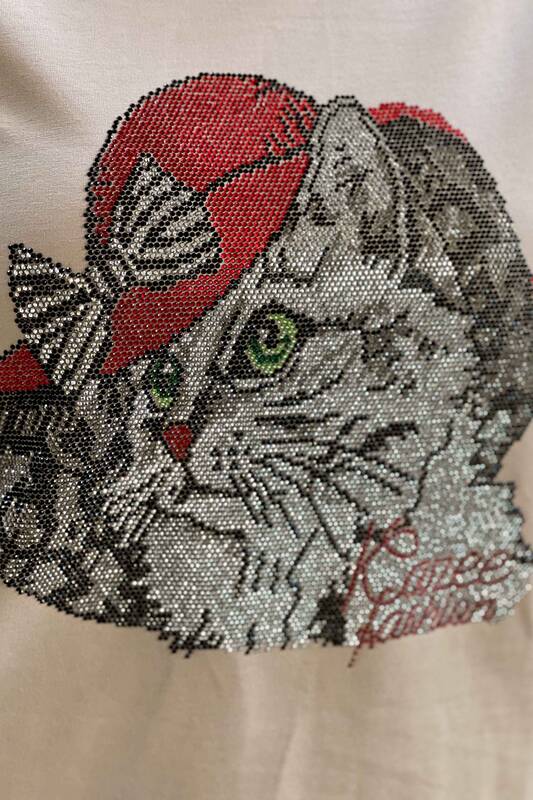 Wholesale Women's Tracksuit Set Cat Patterned Stone Embroidered - 17327 | KAZEE
