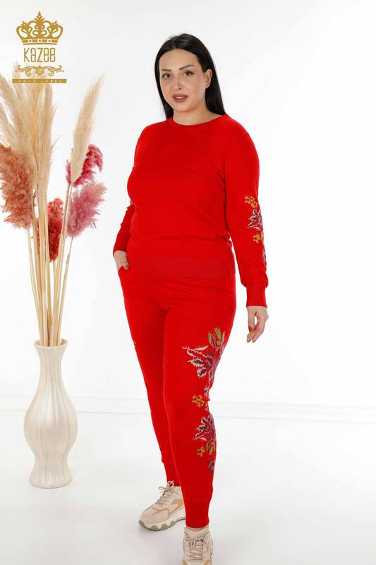 Wholesale Women's Tracksuit Set Colorful Floral Red - 16570 | KAZEE
