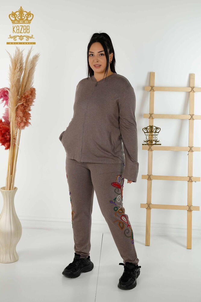 Wholesale Women's Tracksuit Set - Colorful Patterned - Mink - 16657 | KAZEE - 1