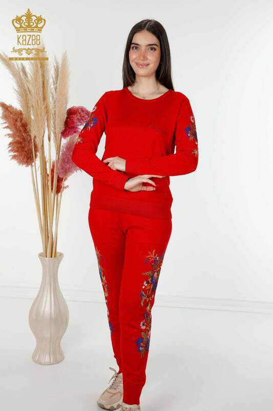 Wholesale Women's Tracksuit Set Colorful Patterned Red - 16560 | KAZEE