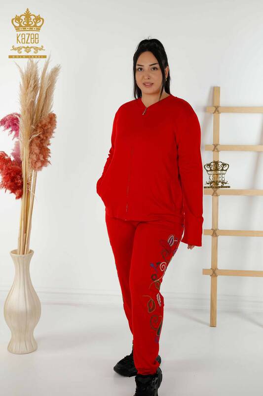 Wholesale Women's Tracksuit Set - Colorful Patterned - Red - 16657 | KAZEE