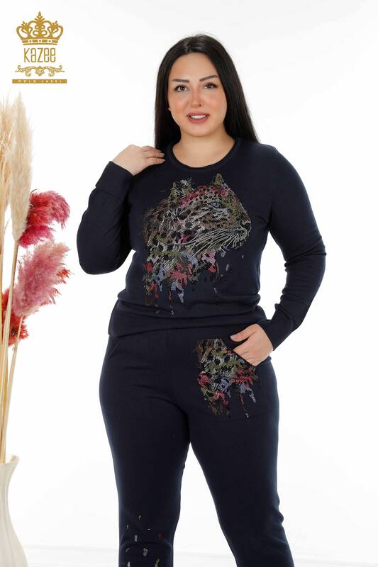 Wholesale Women's Tracksuit Set Colored Stone Embroidered Navy Blue - 16273 | KAZEE