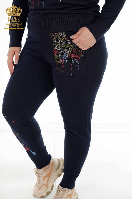 Wholesale Women's Tracksuit Set Colored Stone Embroidered Navy Blue - 16273 | KAZEE