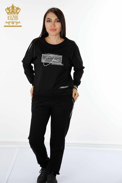 Wholesale Women's Tracksuit Set Crystal Stone Embroidered Black - 17461 | KAZEE 