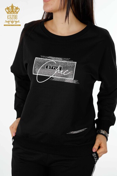 Wholesale Women's Tracksuit Set Crystal Stone Embroidered Black - 17461 | KAZEE - 2