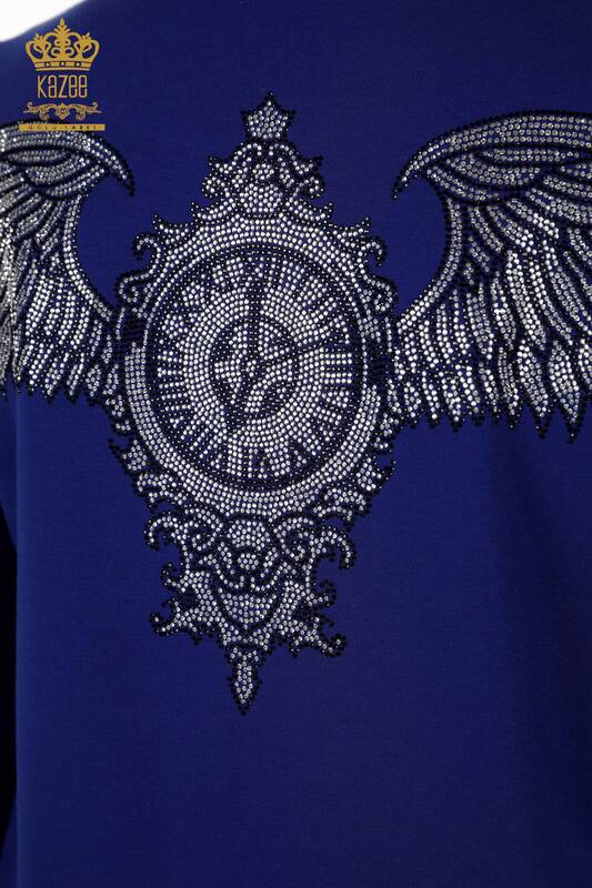 Wholesale Women's Tracksuit Set Crystal Stone Embroidered Dark Blue - 17493 | KAZEE