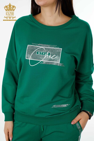 Wholesale Women's Tracksuit Set Crystal Stone Embroidered Green - 17461 | KAZEE - 3
