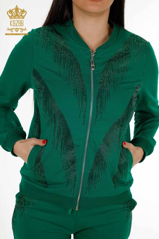 Wholesale Women's Tracksuit Set Crystal Stone Embroidered Green - 17496 | KAZEE