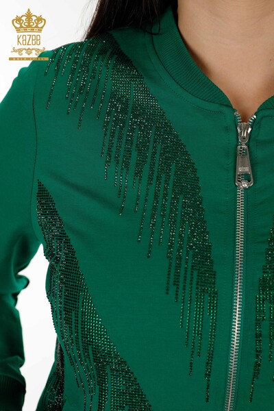 Wholesale Women's Tracksuit Set Crystal Stone Embroidered Green - 17496 | KAZEE - Thumbnail