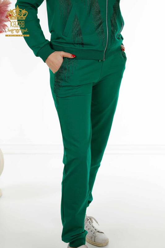 Wholesale Women's Tracksuit Set Crystal Stone Embroidered Green - 17496 | KAZEE