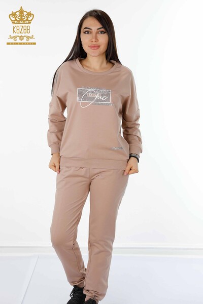 Wholesale Women's Tracksuit Set Crystal Stone Embroidered Mink - 17461 | KAZEE 