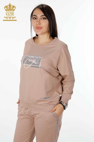 Wholesale Women's Tracksuit Set Crystal Stone Embroidered Mink - 17461 | KAZEE - 2