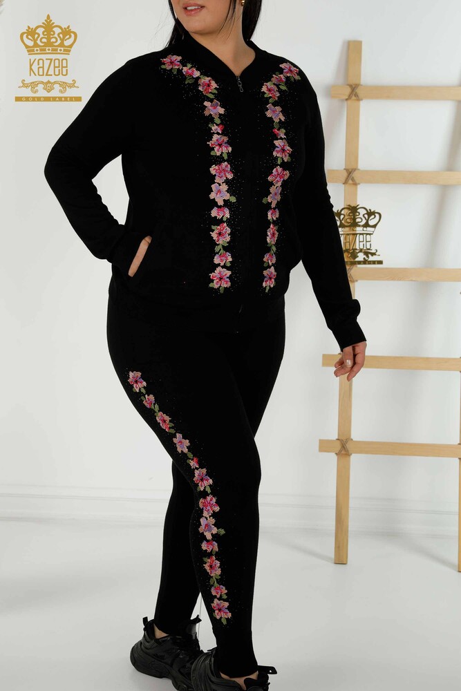 Wholesale Women's Tracksuit Set - Floral Pattern - Black - 16658| KAZEE - 2