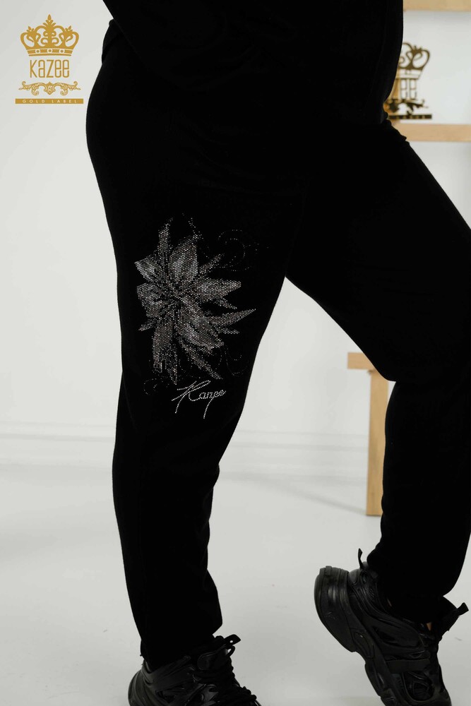 Wholesale Women's Tracksuit Set - Floral Pattern - Black - 16661 | KAZEE - 6