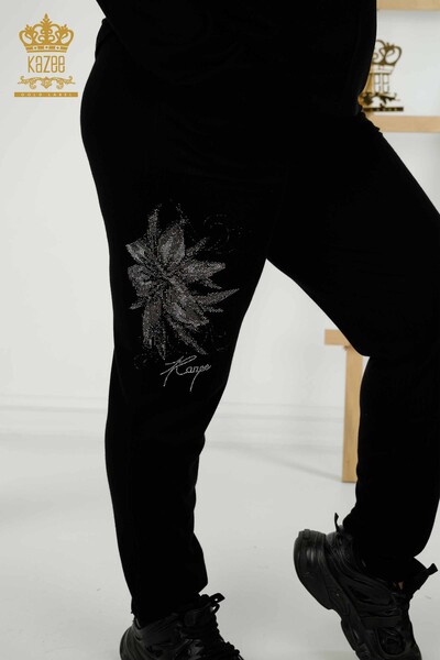 Wholesale Women's Tracksuit Set - Floral Pattern - Black - 16661 | KAZEE - 6