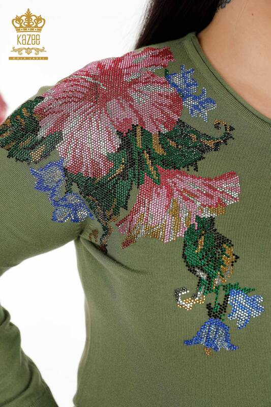 Wholesale Women's Tracksuit Set Floral Patterned Khaki - 16522 | KAZEE