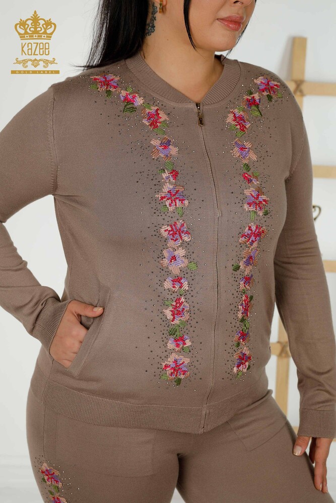 Wholesale Women's Tracksuit Set - Floral Pattern - Mink - 16658| KAZEE - 2