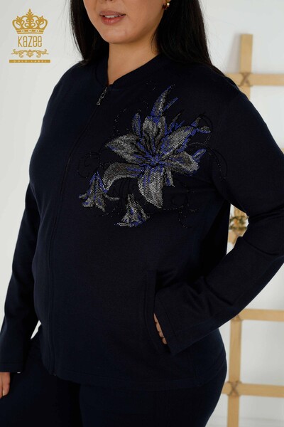 Wholesale Women's Tracksuit Set - Floral Pattern - Navy Blue - 16661 | KAZEE - 3