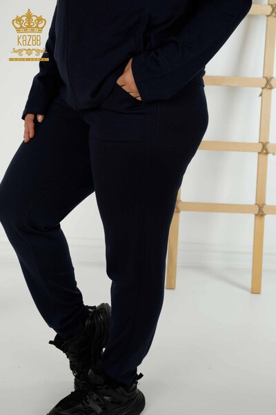 Wholesale Women's Tracksuit Set - Floral Pattern - Navy Blue - 16661 | KAZEE - 8