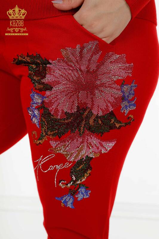 Wholesale Women's Tracksuit Set Floral Pattern Red - 16522 | KAZEE