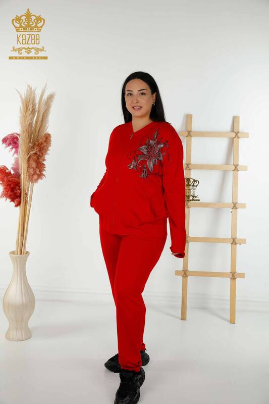 Wholesale Women's Tracksuit Set - Floral Pattern - Red - 16661 | KAZEE