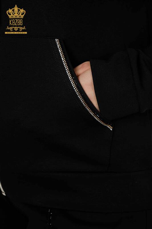 Wholesale Women's Tracksuit Set Hooded Black - 17490 | KAZEE